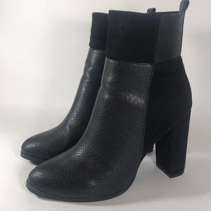 NYLA Checkerboard Snake and Suede Black Booties